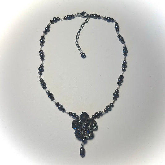 black single orchid drop pearl necklace