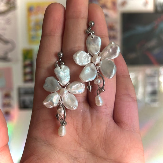 double pierced orchid studs white