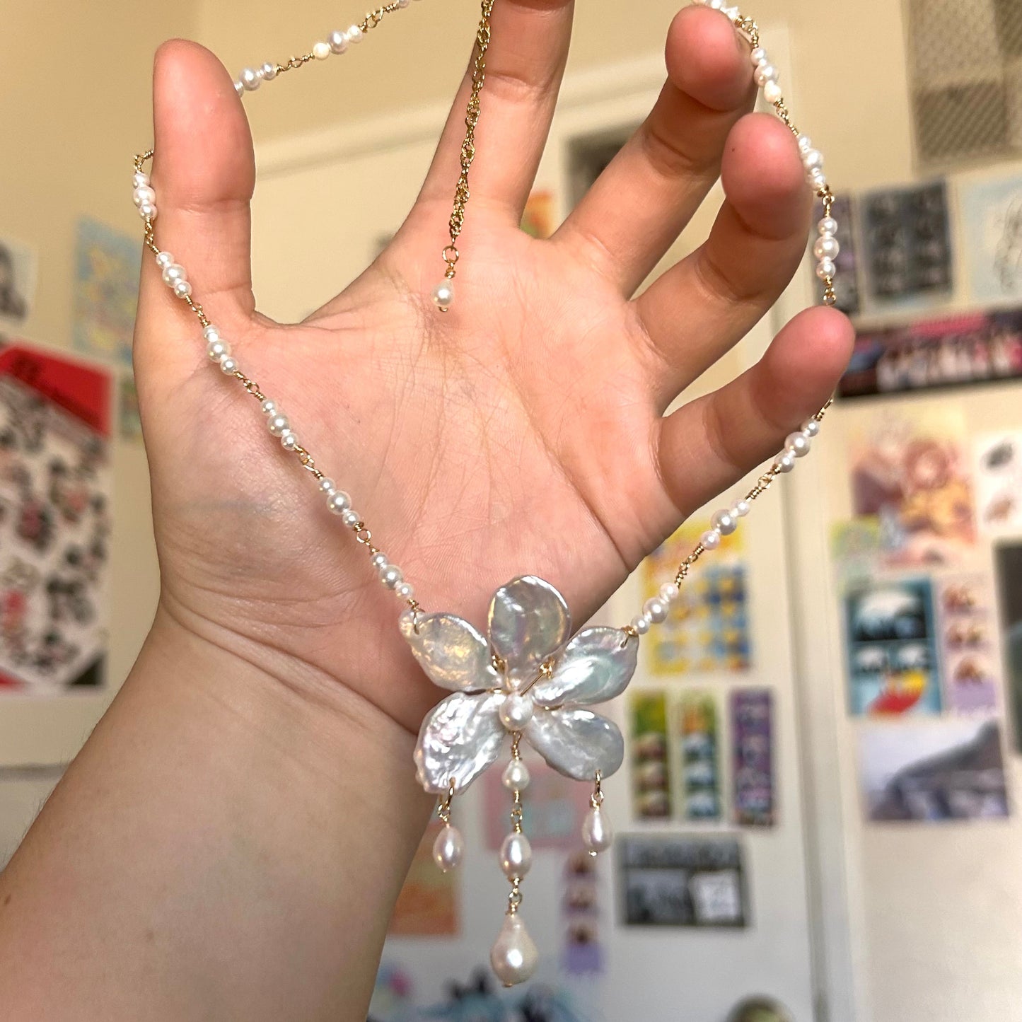 gold orchid dew drop pearl necklace